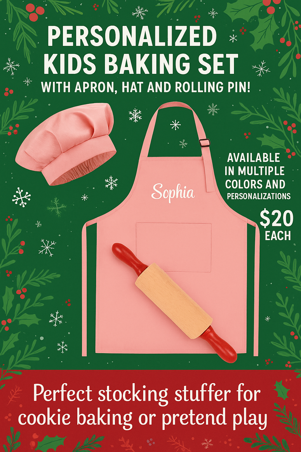 Personalized kids apron , hat and rolling pine